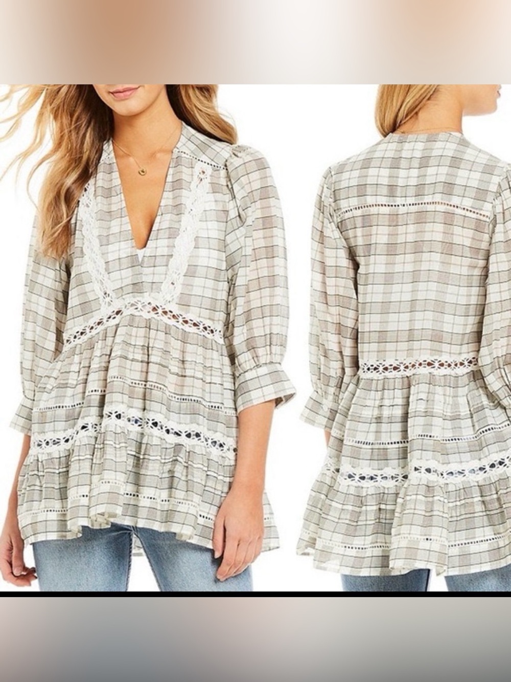 Free People Time Out Lace Tunic Woven Plaid Lace-Trim Peplum Top - Taupe/White